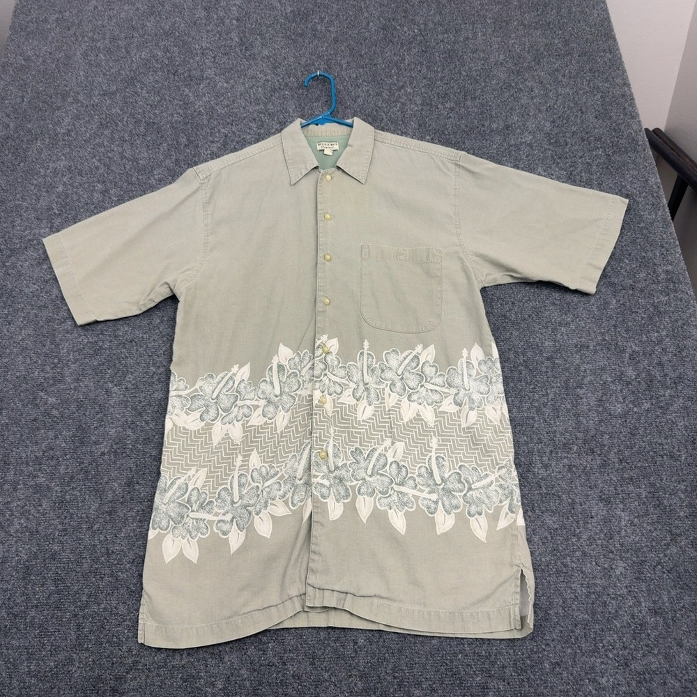 Vintage Bugle Boy Shirt Mens M Green Ramie Cotton Hibiscus Floral Casual Aloha